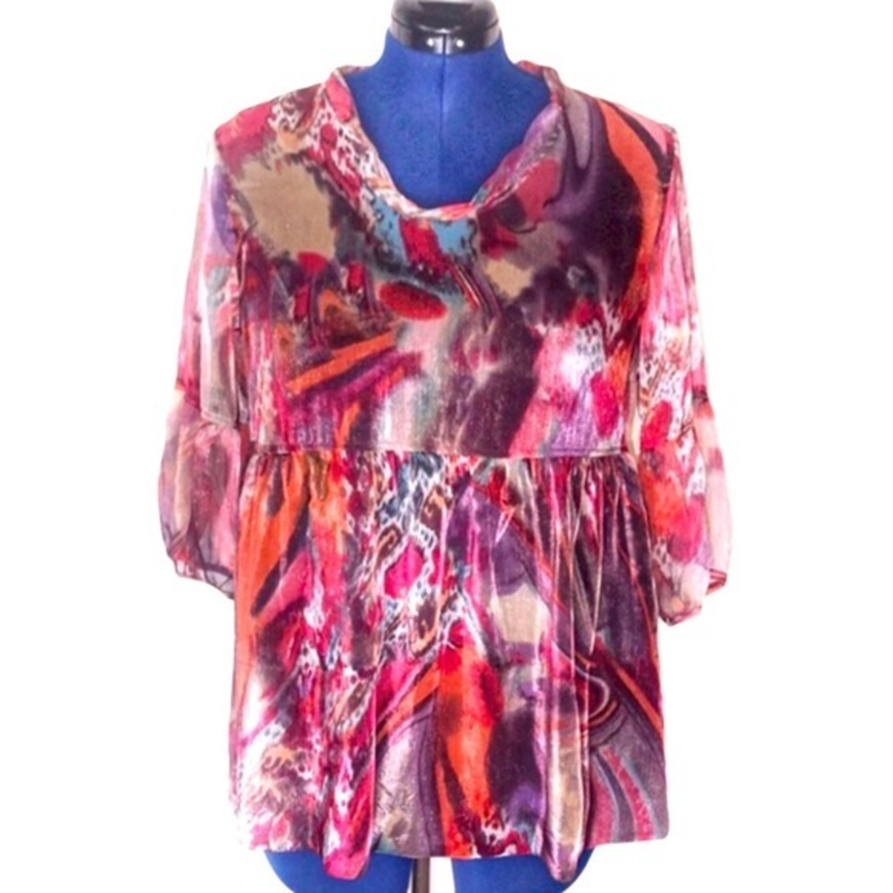 Anis. A Large boho red metallic watercolor‎ layered mock turtleneck peasant top